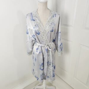 Lauren Ralph Lauren Robe Womens L Blue Floral Satin Lace Wrap Tie Belted Knee